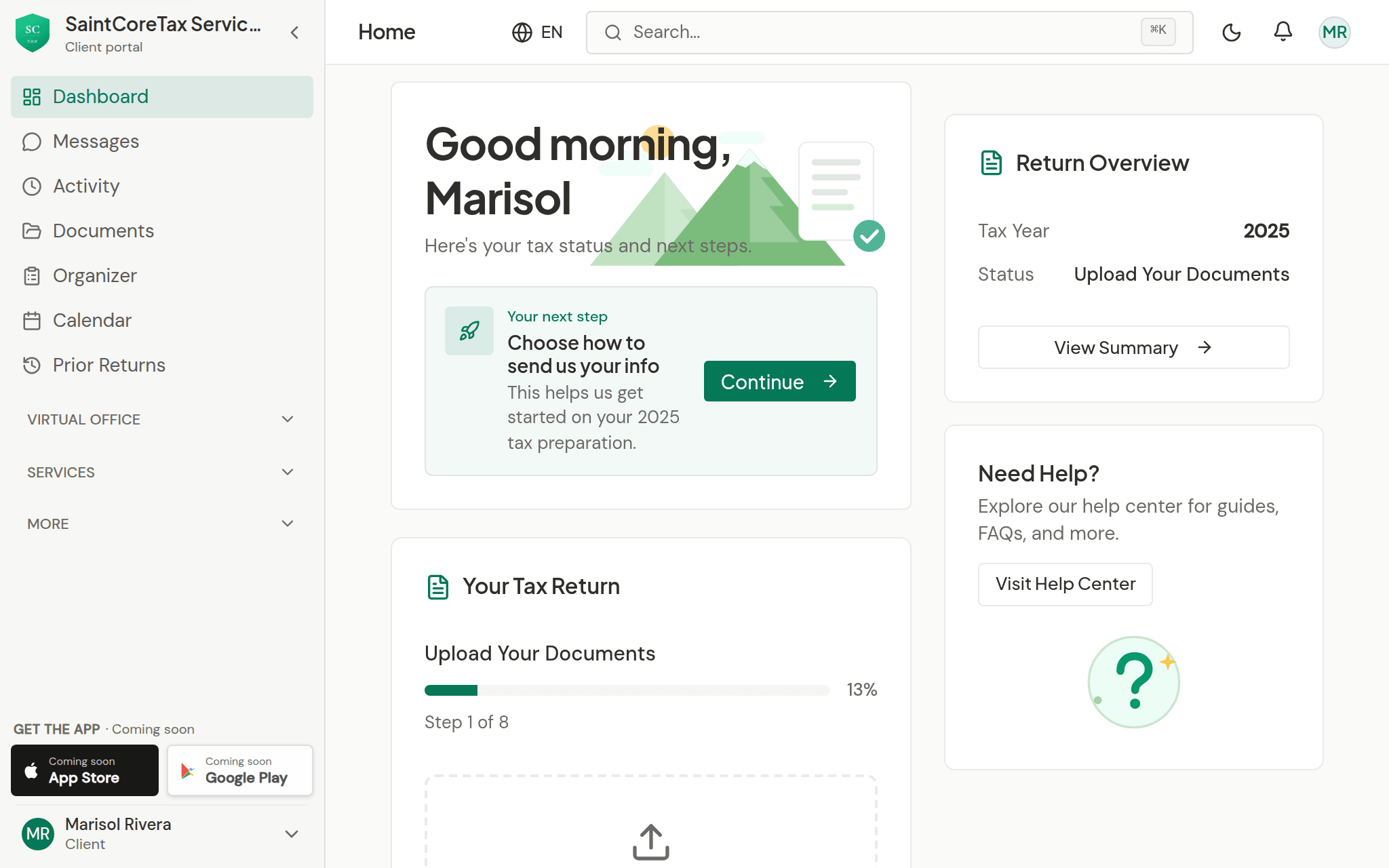 Client portal with active tax jobs and document uploads