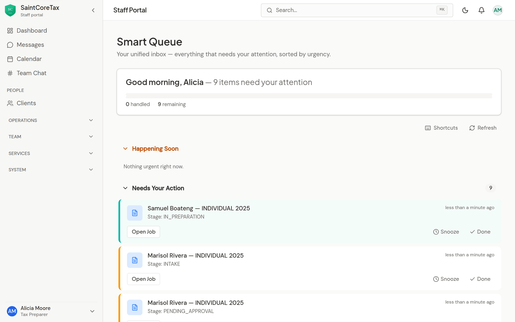 Staff smart queue dashboard showing prioritized cases
