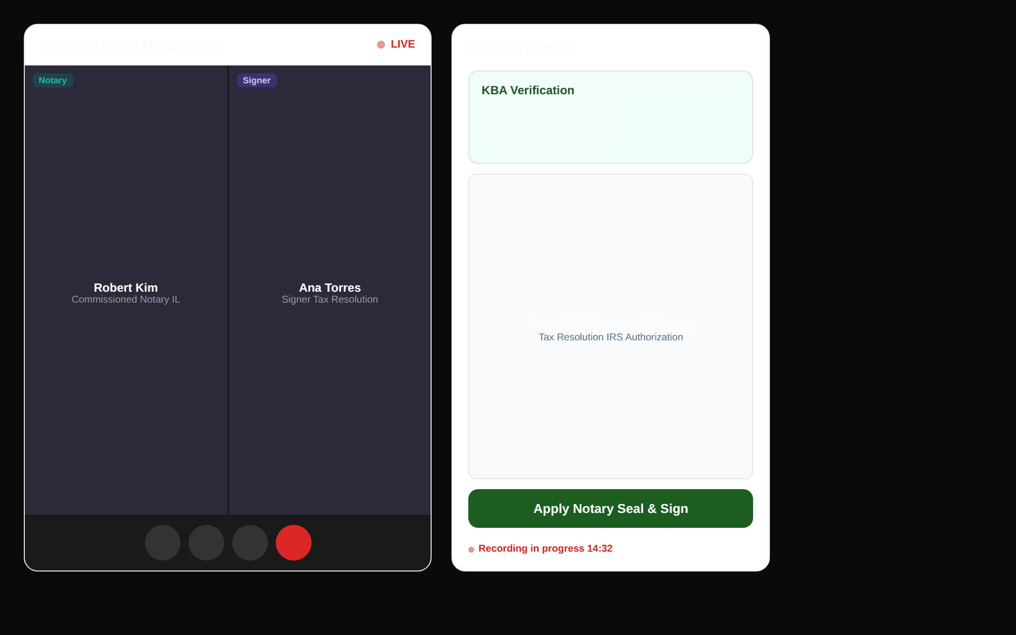 Remote online notarization with video and document signing